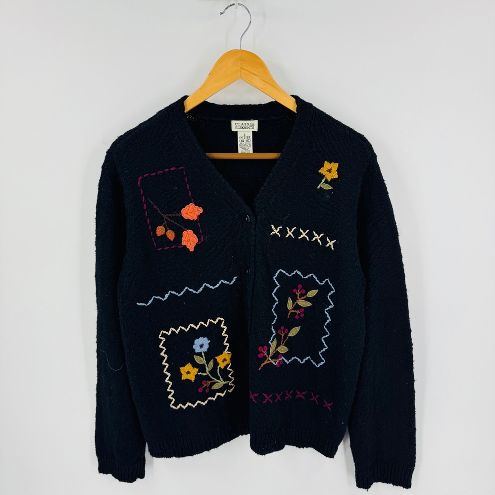 Classic Elements Black‎ Petite Embroidered Patchwork Cardigan Sweater L 14-16
